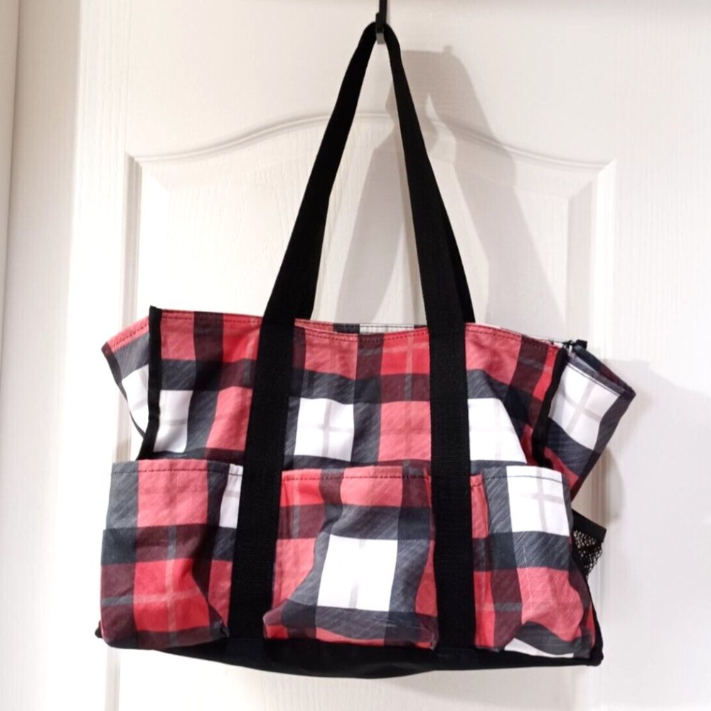 Thirty-one 31 large Tote diaper bag utility beach bag zipper red black plaid